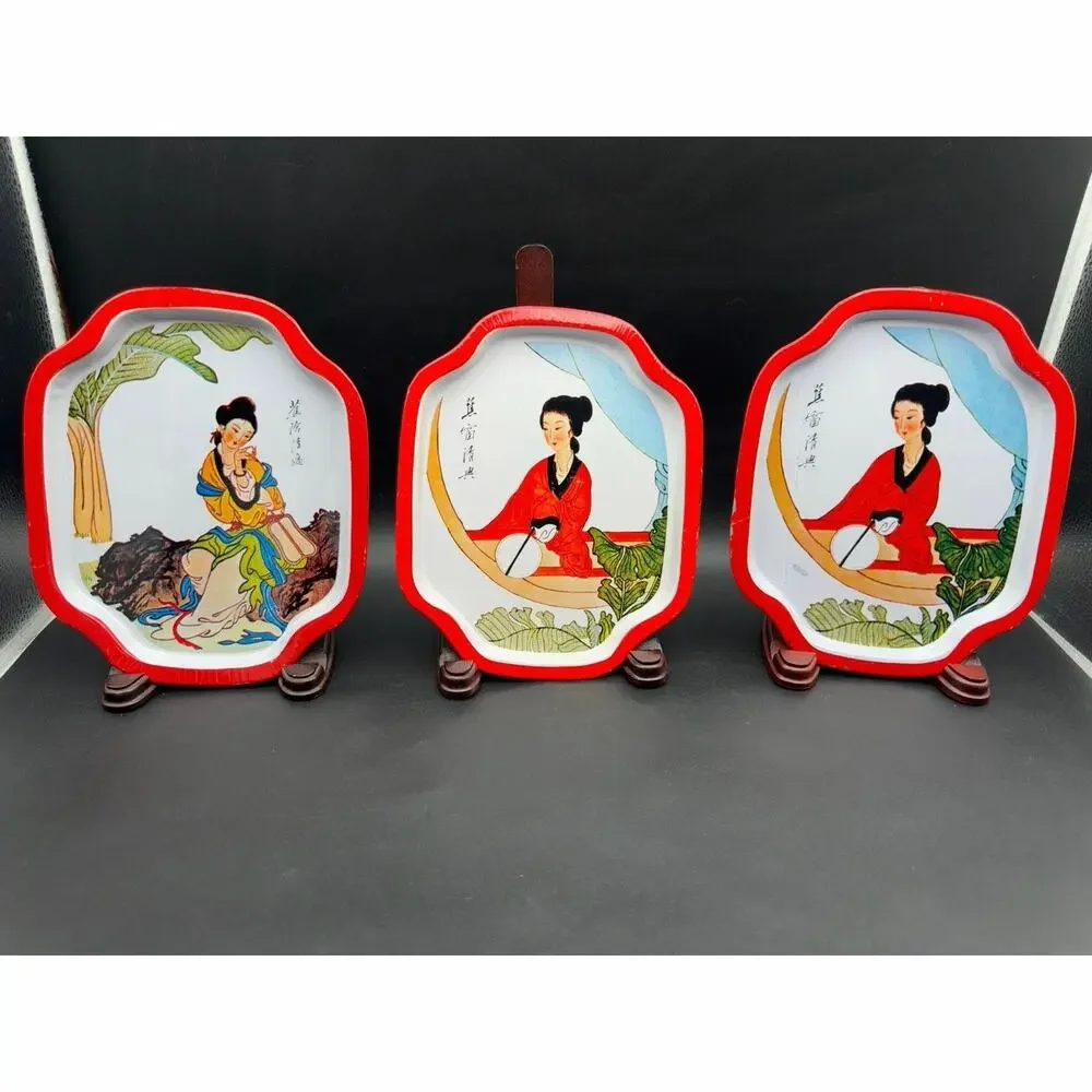Vintage 1982 Action Industries Chinese Chinoiserie Tin Trays Hong Kong Set 9